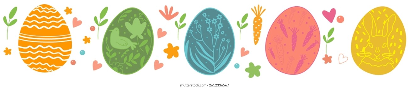 Easter eggs in a row multi-coloured with a print. Seamless border Easter eggs. vector illustration