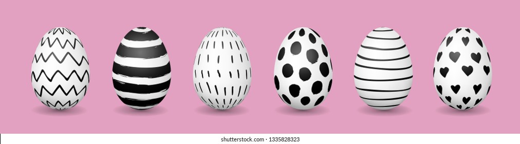 Easter eggs in row on pink background. Hand drawn black and white ink pattern. Horizontal web banner