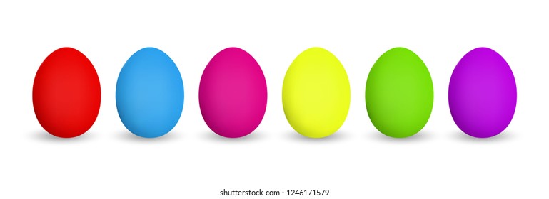 Easter eggs in a row with red, blue, pink, yellow, green, purple eggshells and nice shadow isolated on white background. Vector Illustration.