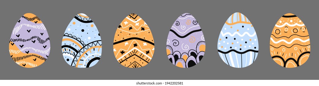 Easter eggs in a row, in the Scandinavian style on a gray background with different patterns. A set of eggs for Easter in blue, violet and orange shades. Vector illustration.