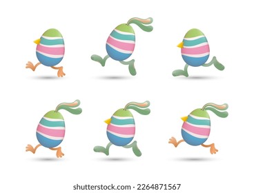 Easter eggs running with combination of beaks and legs of chicks, ears and legs of bunnies painted with stripes set