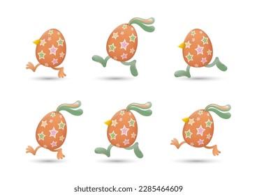 Easter eggs running with combination of beaks and legs of chicks, ears and legs of bunnies painted with stars set