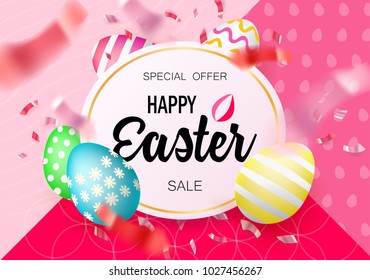 Easter eggs sale banner isolated on colorful background. Modern style template Happy Easter inscription with confetti. Shiny holiday design can be used on banners, flyers, web. Vector illustration.