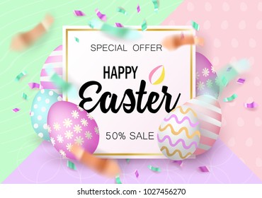 Easter eggs sale banner isolated on colorful background. Modern style template Happy Easter inscription with confetti. Shiny holiday design can be used on banners, flyers, web. Vector illustration.