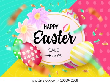 Easter eggs sale banner isolated on colorful background. Modern style template Happy Easter inscription with confetti. Shiny holiday design can be used on banners, flyers, web. Vector illustration.