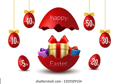 Easter eggs sale. Broken Happy Easter egg 3D template isolated on white background.  