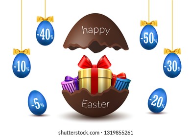 Easter eggs sale. Broken Happy Easter chocolate egg 3D template isolated white background. Design promotion, greeting holiday decoration, special offer. Gift box, ribbon bow Vector illustration