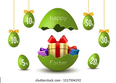 Easter eggs sale. Broken Happy Easter egg 3D template isolated on white background. Design banner, greeting, promotion, holiday decoration, special offer discount. Gold gift box Vector illustration