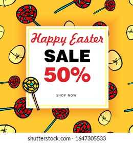 Easter eggs sale square banner. Easter frame with painted eggs, sweets that are scattered around the background, yellow and red colors, a bright frame and a call to action.
