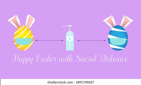 Huevos de Pascua y sanitizador mantienen la distancia social aislada en la ilustración de fondo vector