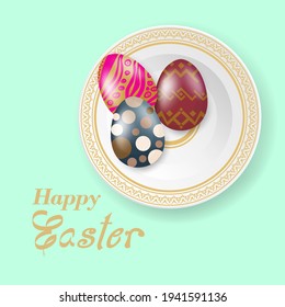 Huevos de Pascua en un platillo aislado en un fondo verde. Vista superior. Estilo plano. Elemento vectorial del diseño gráfico.