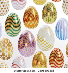 Easter Eggs with seamless ornament pattern, 3d Vector illustration. Easter day festival seamless pattern, easter egg icons with decoration patterns symbols.