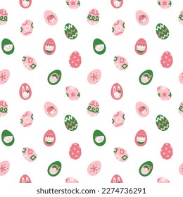 Easter eggs seamless pattern background. Springtime holiday symbols bright colorful collection in pink green. Bunny, eggs, lamb, chicken, hunt basket, flowers vector abstract graphic modern flat.
