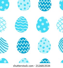 Easter eggs seamless pattern. Blue painted eggs. Colored stripes, dots, waves on a flat illustration. Collection of azure Easter ornaments.