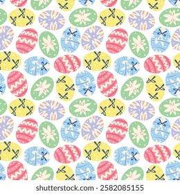 Easter eggs seamless pattern. Bunny, bows, ears, dots. Hand drawn. 