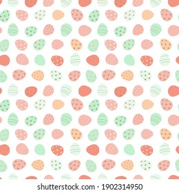 Easter eggs seamless pattern. Decorated Easter eggs on a white background. Design for textiles, packaging, wrappers, greeting cards, paper, printing. Vector illustration