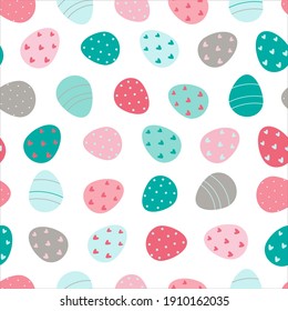 Easter eggs seamless pattern. Decorated Easter eggs on a white background. Design for textiles, packaging, wrappers, greeting cards, paper, printing. Vector illustration