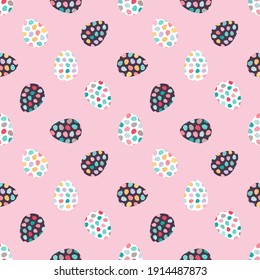 Easter eggs seamless pattern. Decorated Easter eggs on a pink background. Design for textiles, packaging, wrappers, greeting cards, paper, printing. Vector illustration