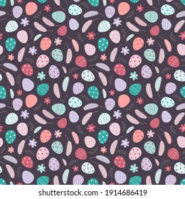 Easter eggs seamless pattern. Decorated Easter eggs on a white background. Design for textiles, packaging, wrappers, greeting cards, paper, printing. Vector illustration