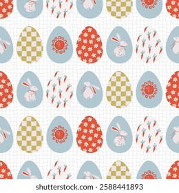 Easter eggs seamless pattern. Decorative eggs with bunny, flowers, carrot. Cute ornate traditional holiday food. Flat design vector illustration.