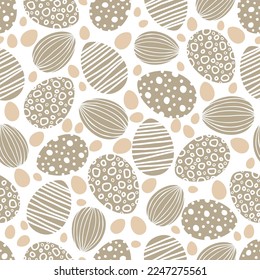 Easter eggs seamless pattern. Elements of pastel colors on a white background. Spring holiday background for printing. Festive Easter background. Vector illustration.