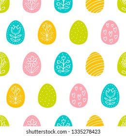 Easter eggs seamless pattern with hand drawn decoration. Perfect vector pattern in flat style can be used for wrapping paper, holidays background