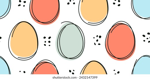 Easter Eggs seamless pattern. Hand drawn black lines and color egg shapes. Vector illustration.