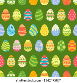 Easter eggs seamless pattern. Holiday vintage background with cartoon Easter symbol. Vector illustration. Different eggs in flat style