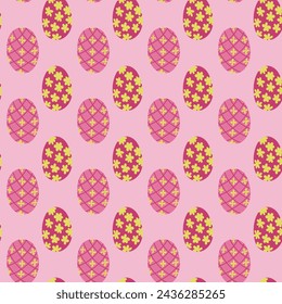 Easter eggs seamless pattern on pink background. Spring holiday concept. Flat colored decorated eggs isolated. Unique retro print design for textile, wallpaper, interior, wrapping