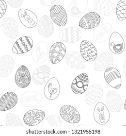 Easter eggs seamless pattern. Painted eggs with ornament on white background. Vector illustration.