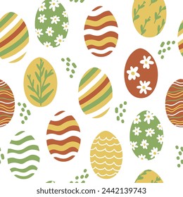 Easter Eggs Seamless Pattern. Painted Easter Egg Wallpaper with Daisy Flowers, Leaves. Colorful Holiday Print, Fabric, Textile, Fashion Vector Illustration on White Background.