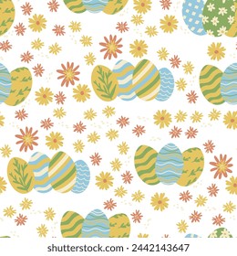 Easter Eggs Seamless Pattern. Painted Easter Egg Wallpaper with Daisy Flowers. Colorful Holiday Print, Fabric, Textile, Fashion Vector Illustration on White Background.