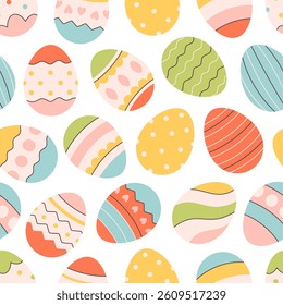 Easter eggs seamless pattern. Painted eggs. Happy Easter. Design for banner, wallpaper, textile, wrapping paper, background, cards. Vector illustration in flat style