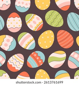 Easter eggs seamless pattern. Painted eggs. Happy Easter. Design for banner, wallpaper, textile, wrapping paper, background, cards. Vector illustration in flat style