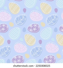 Easter eggs seamless pattern in pastel soft shades. Colored ornate cartoon doodle eggs on purple background vector illustration.