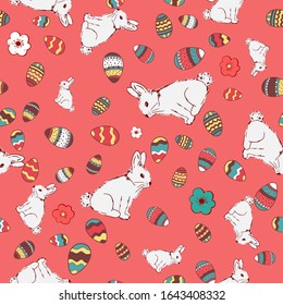 Easter eggs seamless pattern with rabbit . for holidays design concept with lettering Happy Easter. hand drawing. for Wallpaper, Textile, Fabric and Paper. red background