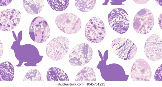 Easter eggs seamless pattern and the silhouette of the Easter bunny. Marble patterns. Festive design. Violet and white. Vector illustration art.