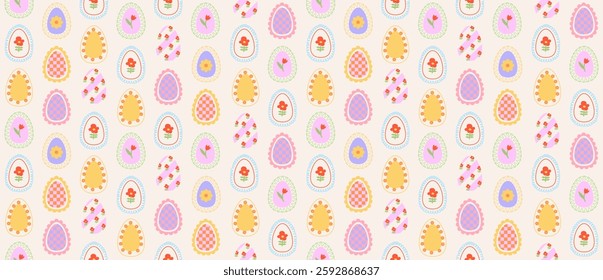 Easter eggs seamless pattern trendy design with Easter eggs and spring flowers in geometric style with doodles. Easter eggs background for ads, greetings, packaging, print, fabric