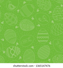 Easter eggs seamless pattern. Vector hand drawn eggs with different ornament on green background.
