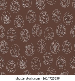 Easter eggs seamless pattern. Vector. Doodle repeat ornament on brown background. Wrapping pattern.