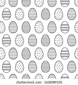 Easter eggs seamless pattern. Vector wrapping paper design template. Doodle, outline ornaments. Black and white backdrop.