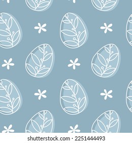 Easter eggs seamless pattern. White outline leaf ornament eggs and flowers on pastel blue background. Doodle style vector illustration.