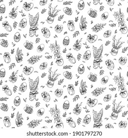 Easter eggs seamlessly pattern. Pannettone, Paska, Pudding. Doodle hand draw vector item. Outline illustration. Perfect for holiday design packaging, paper. Easter holiday white and black background.