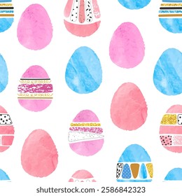 Easter eggs semless pattern. Vector print with watercolor decorated eggs