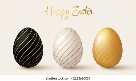 Ostereier-Set. Schwarze, weiße und goldene 3D-Designelemente mit goldenem Muster. Vektorgrafik.