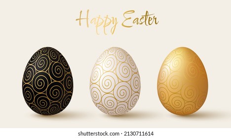 Easter eggs set. Black, white and gold 3d design elements with gold pattern. Vector illustration.