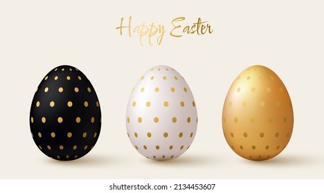 Easter eggs set. Black, white and gold 3d design elements with gold pattern. Vector illustration.