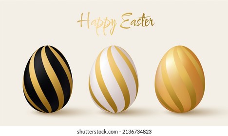 Easter eggs set. Black, white and gold 3d design elements with gold pattern. Vector illustration.