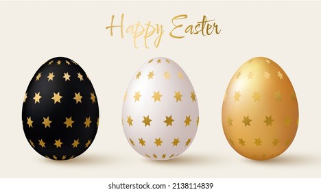 Easter eggs set. Black, white and gold 3d design elements with gold pattern. Vector illustration.