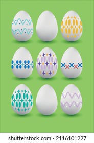 Easter eggs set with bright colorful ornament. White organic chicken eggs. Vector isolated illustration on green background. Spring holidays 
